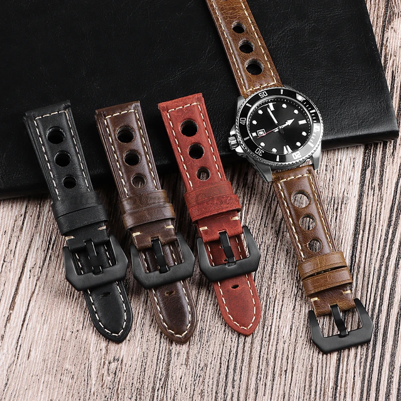 Vintage Cowhide Watchband Genuine Leather Strap for Omega for Panerai for Women Men Universal Breathable Bracelet 20mm 22mm 24mm