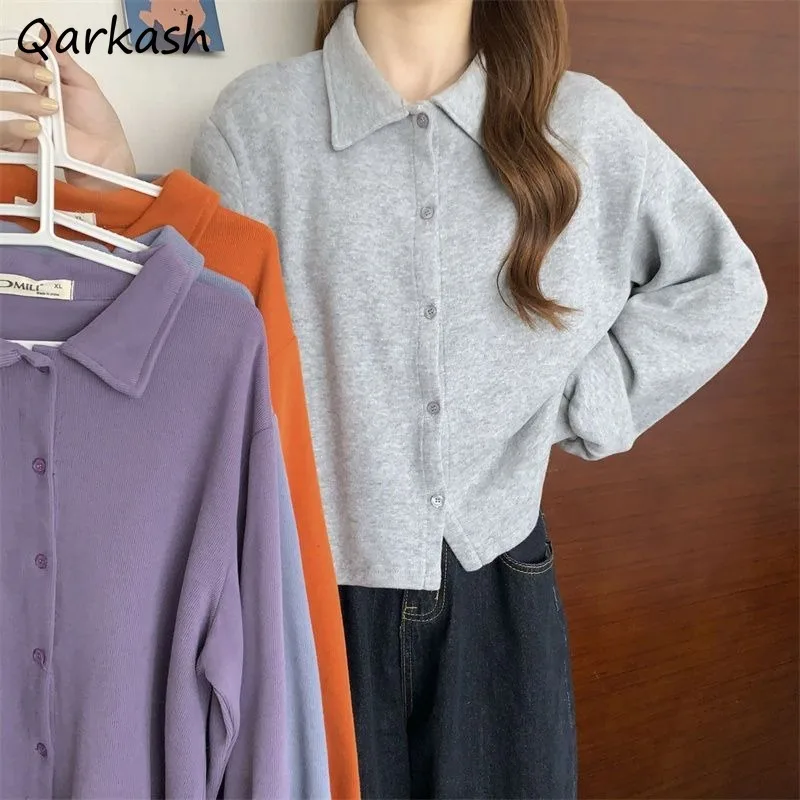 

Turn-down Collar Sweatshirts for Women Single Breasted Fashion Loose Korean Style Students Spring Clothing All-match Solid Soft