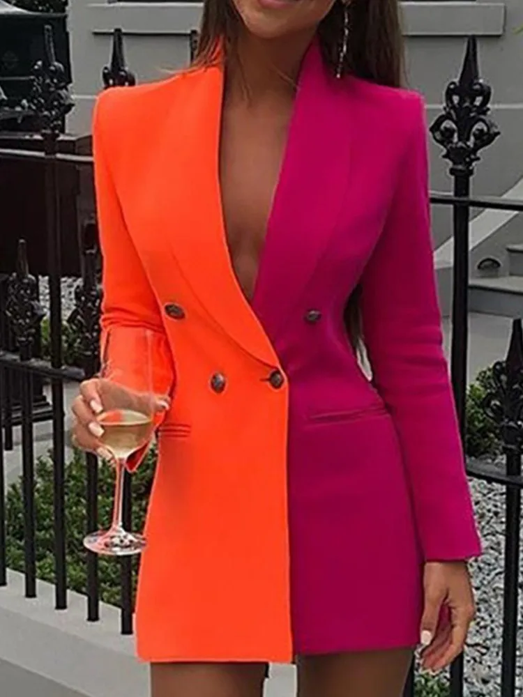BKLD Women Clothing 2026 New Fashion Color Blocking Splicing OL Professional Outfits V-Veck Cardigan Blazer Dress In Stock