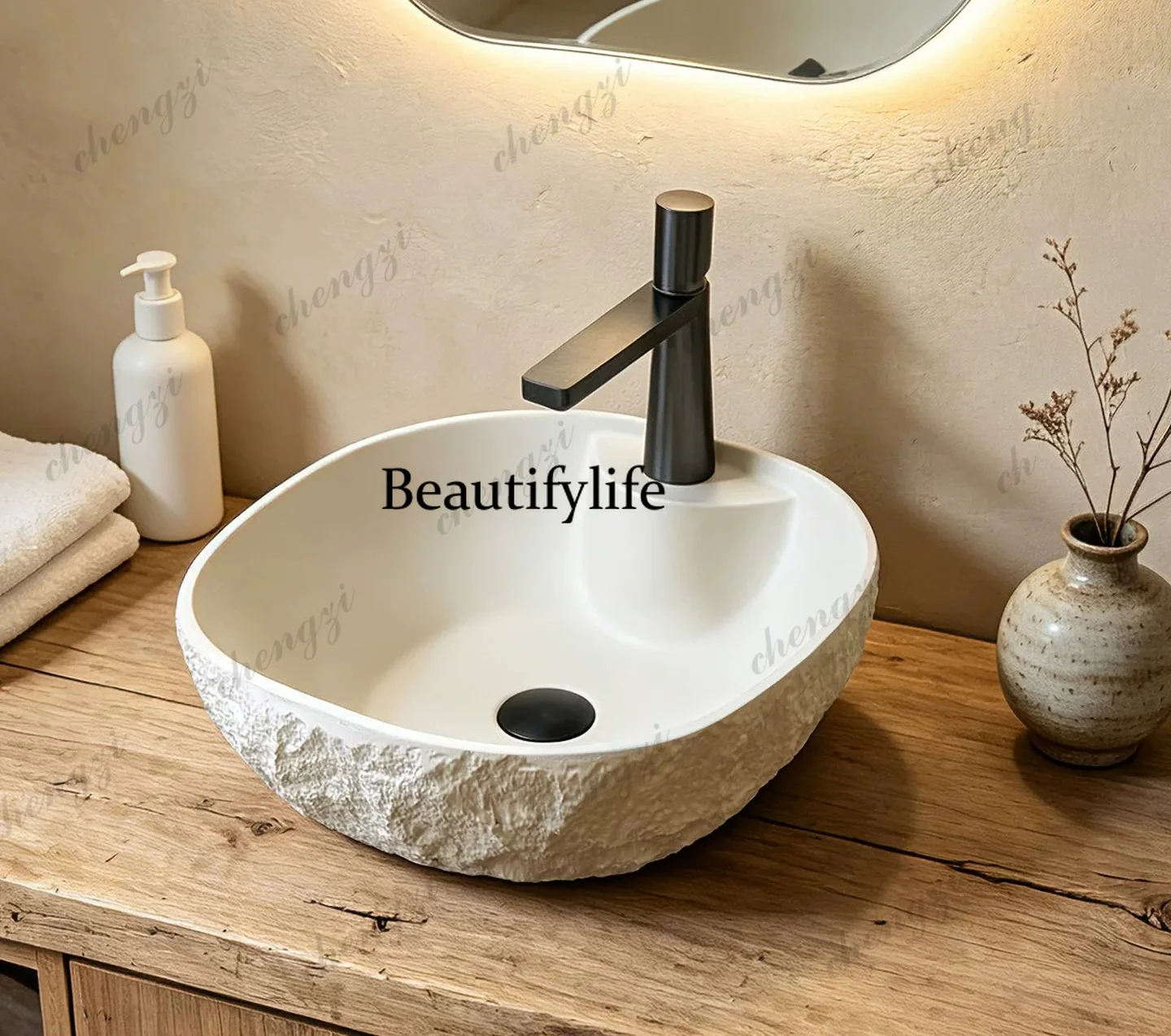Medieval style table basin Outdoor art basin Round rock texture face basin Household