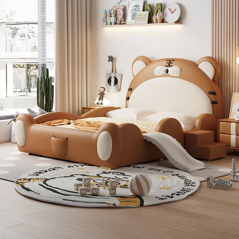 

120x200cm Headboard twin frame kids bed with guardrail slide cartoon luxury single sleep bed wooden boy bedroom furniture home