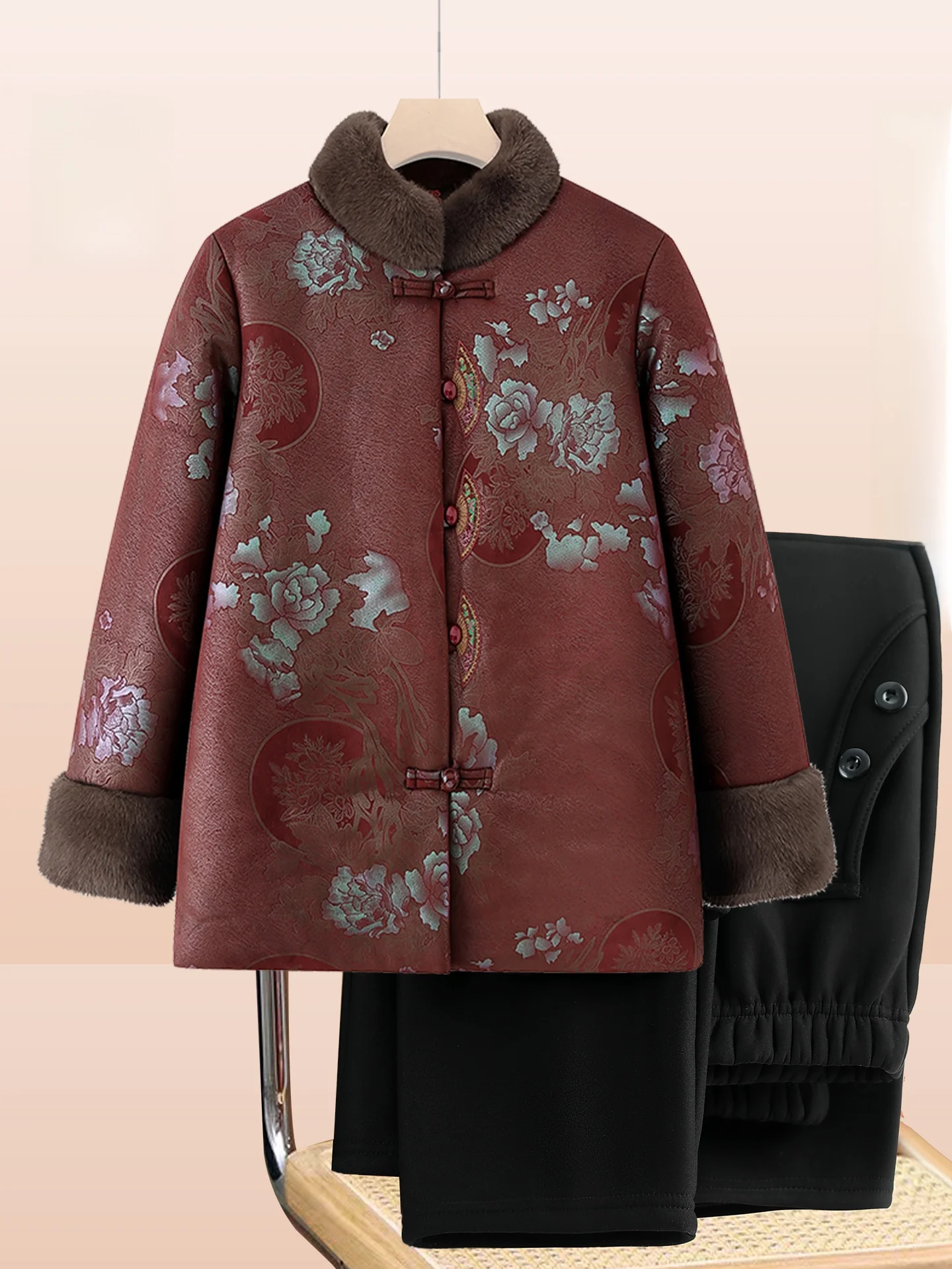 

Thiened Floral Print Cotton Jaet Women's Warm Outerwear with Fur Collar Traditional Chinese Sle Loose Fit Long Pants