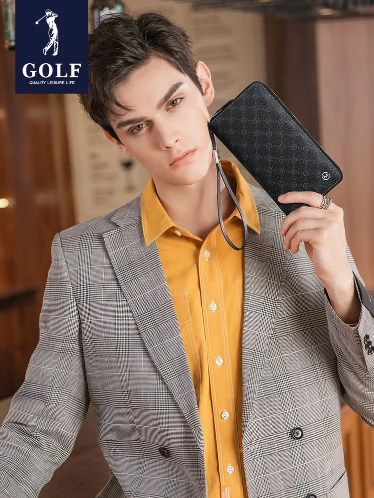 GOLF-Pochette en cuir noir pour homme, pochette en poudre, sac à main long, fermeture éclair, pince à billets, porte-cartes de crédit, portefeuille