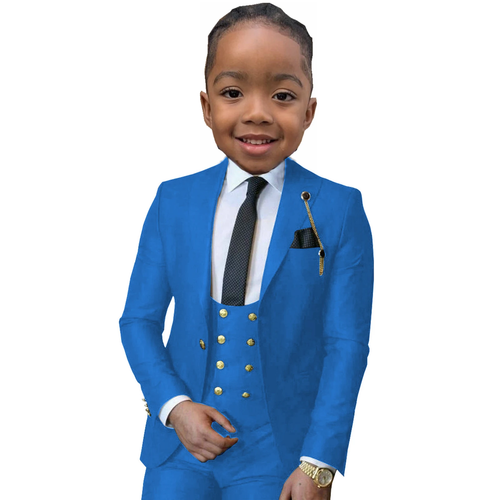 Traje azul real para niño, esmoquin de boda de 3 piezas, chaqueta, pantalones, chaleco, Outfi personalizado para niños de 2 a 16 años