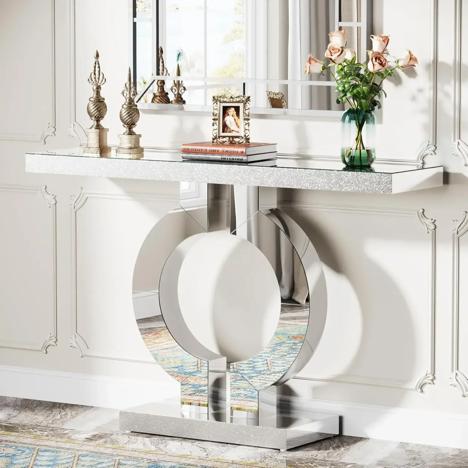 Mirrored Console Table with O-Shaped Base Modern Silver Entryway Table Glass Sofa with Mirror Finish Rectangle Narrow