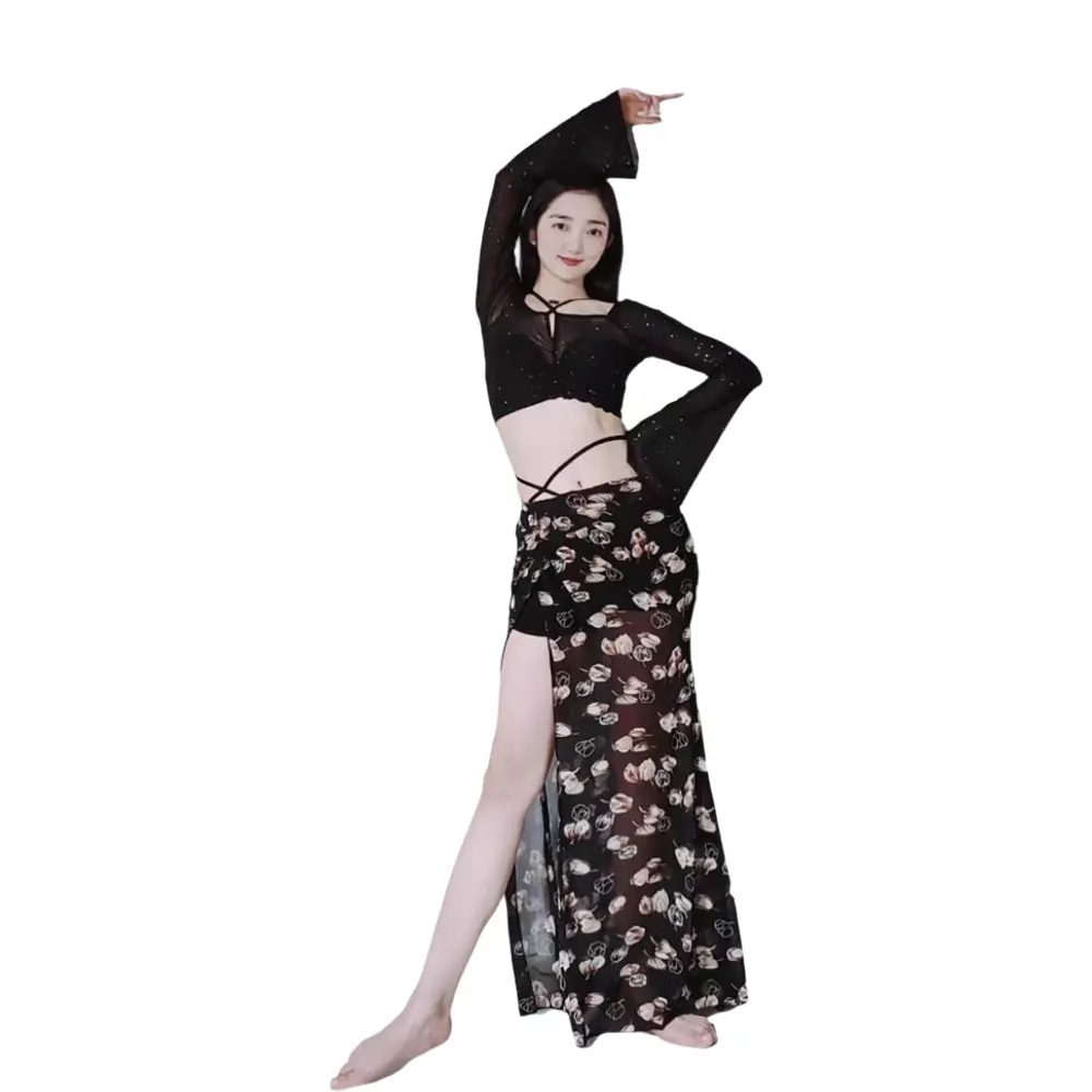 

Belly Dance Competition Women's Tulip Hanging Sleeves Micro Trumpet Top Long Skirt American Performance Clothing