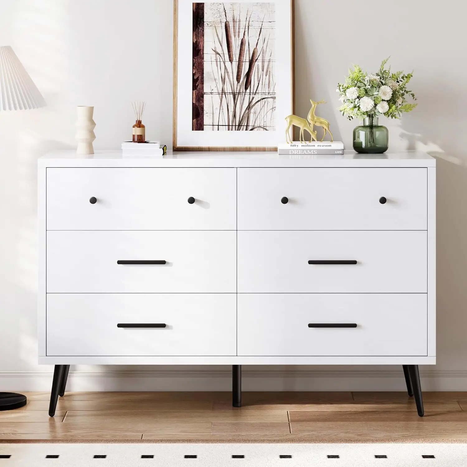 DWVO White 6 Drawers Dresser, Modern Wood Dresser Chest of Drawers with Black Metal Handle ＆ Anti-Tipping Device, Modern Double