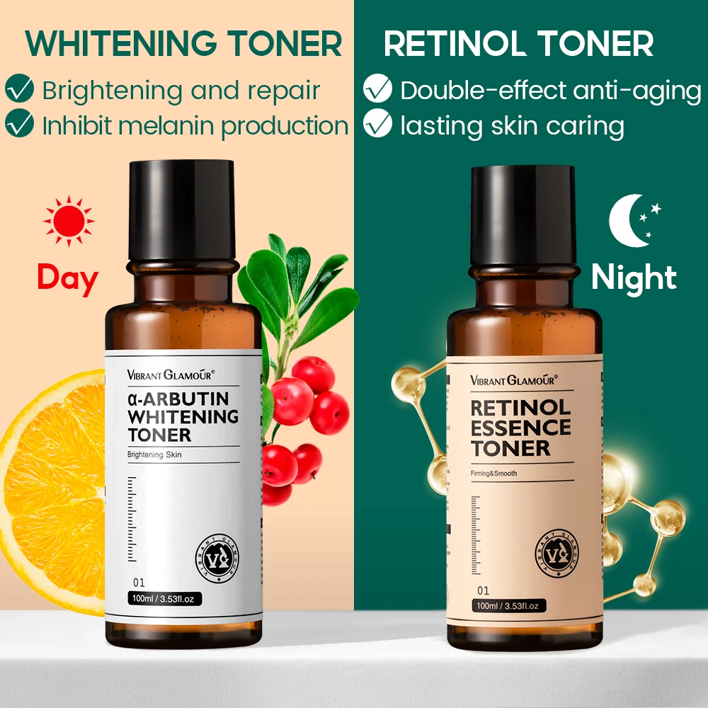 VIBRANT GLAMOUR 2pcs Retinol Serum  Arbutin Whitening Toner Anti-Aging Whitening Brighten  Moisturizing Remove Spot Skin Care