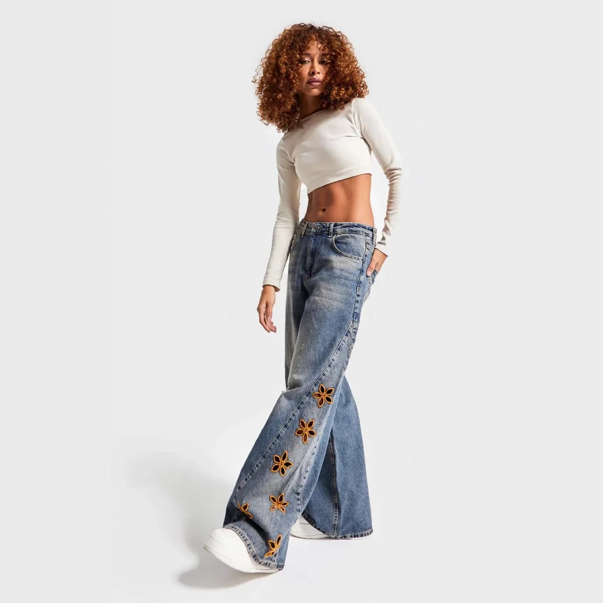 High Waist Women Jeans Denim Wide Leg Jean Zipper Fly Washed Full Length Trousers Distressed Pockets Embroidery