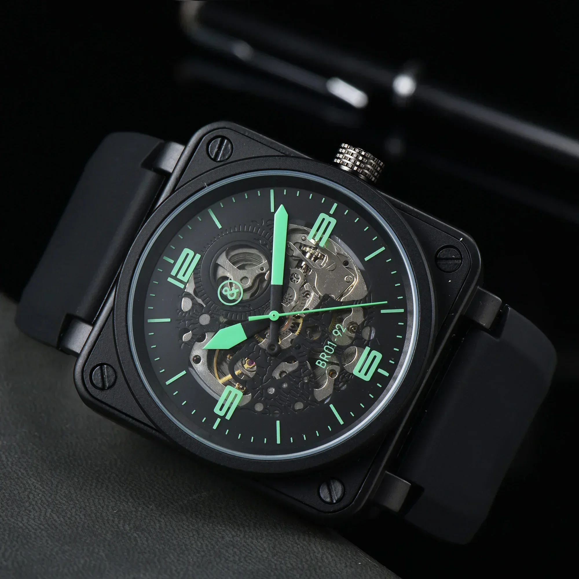 ساعة ميكانيكية أوتوماتيكية للرجال جرس جلد بني أسود روس مطاط 46 ملم مجوفة AAA قرص كبير ساعة رجالية