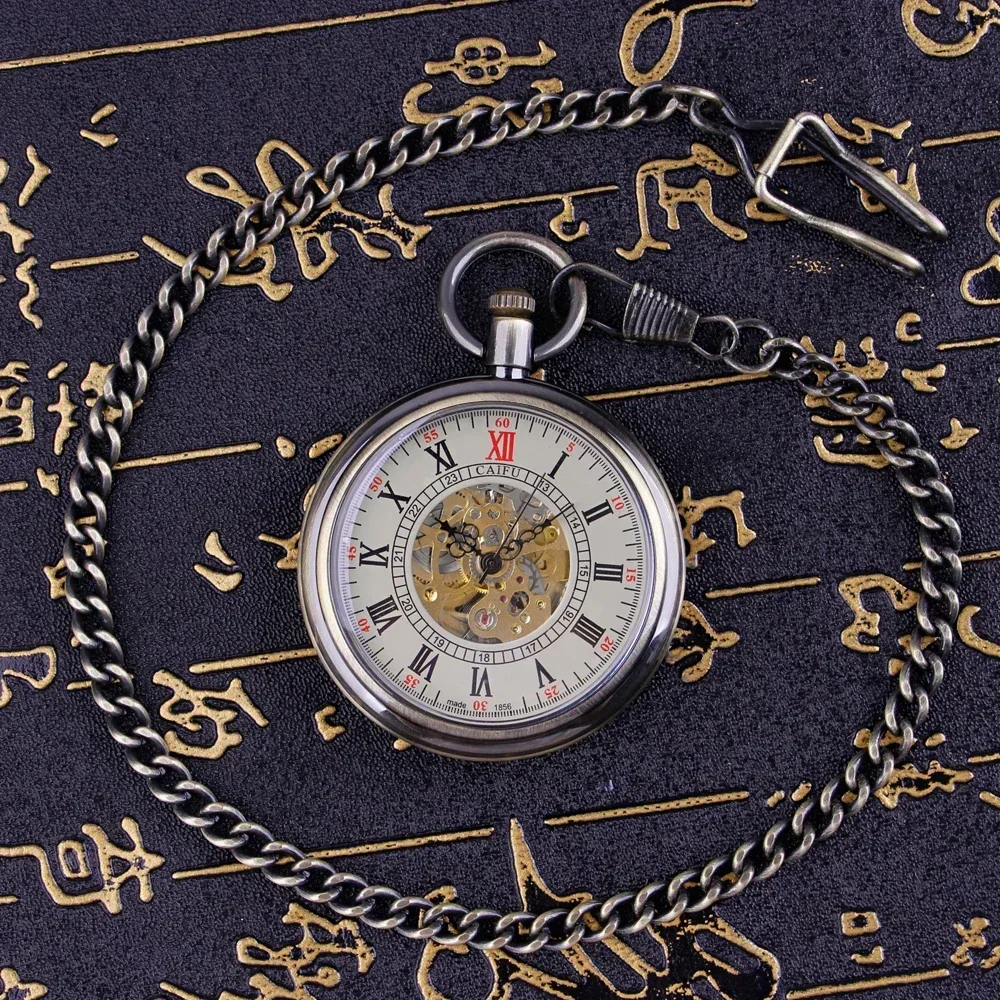 Open Face Roman Numerals Display Automatic Pocket Watch Bronze Metal Case Retro Punk Pendant Self Winding Pocket Clock