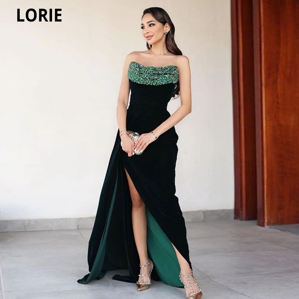 

LORIE Green Velour Mermaid Prom Dress Off Shoulder Beadings Side Split Formal Evening Gowns Girl Slit Graduations Party Dress