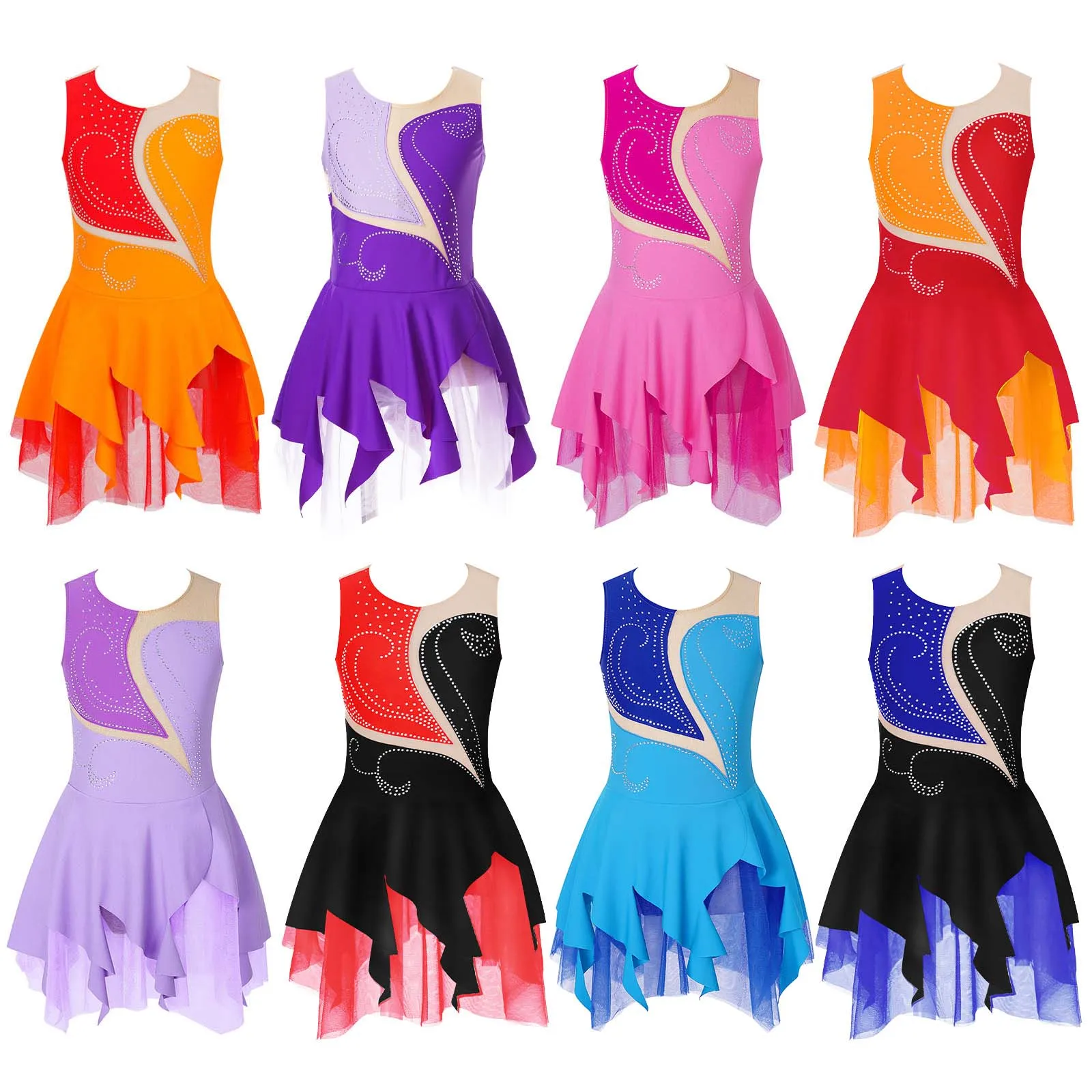 Kids Girls Figure Skating Dress Sleeveless Rhinestone Gymnastics Leotard Ballet Dance Tulle Dress Lyrical Performance Costume