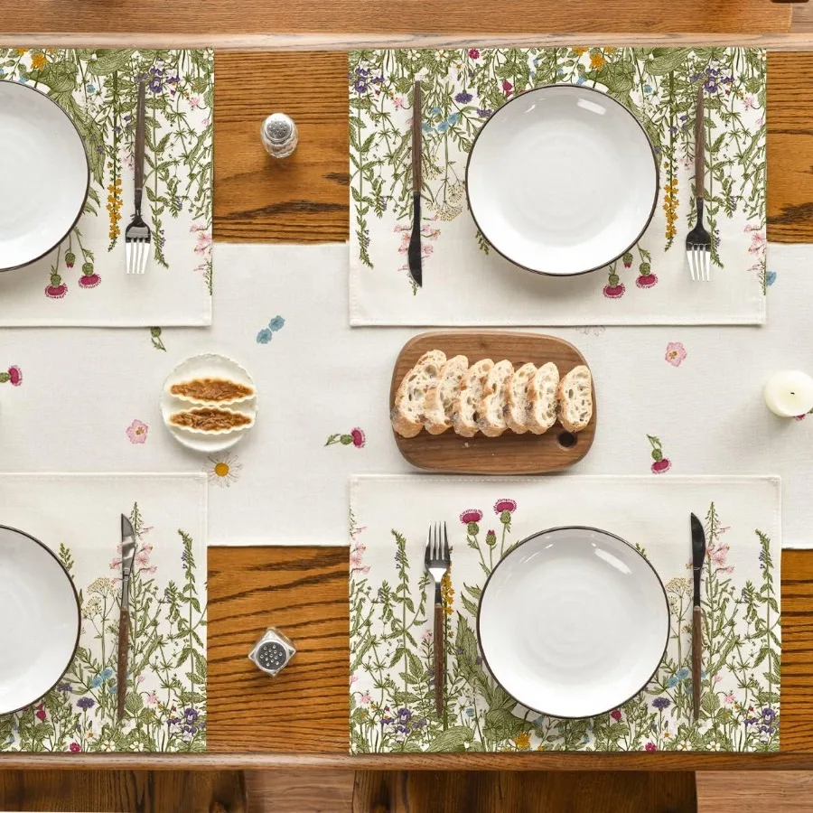 مجموعة مفارش صيفية من الأعشاب والزهور البرية العتيقة مكونة من 4 مفارش طاولة ربيعية على شكل زهرة برية موسمية مقاس 12 × 18 بوصة لمطبخ الحفلات Din