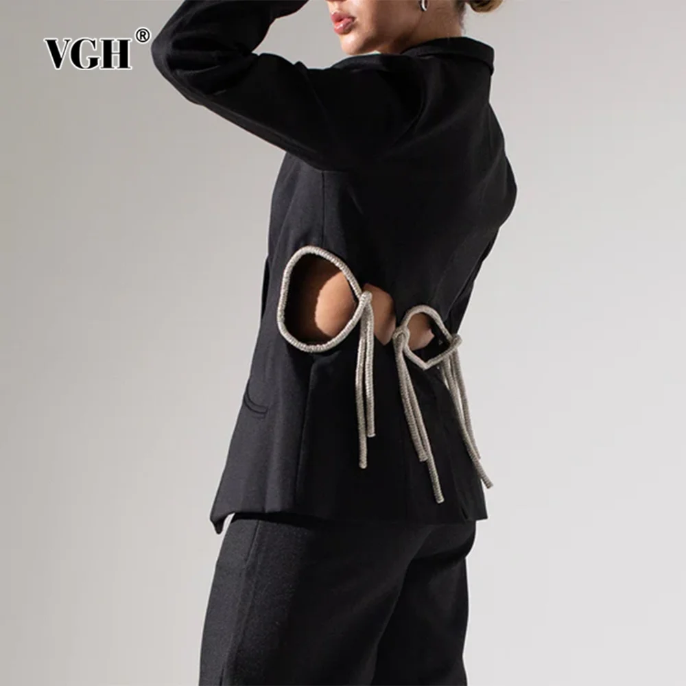 

VGH Hollow Out Patchwork Button Slimming Blazers For Women Notched Collar Long Sleeve Spliced Pockets Temperament Blazer Female