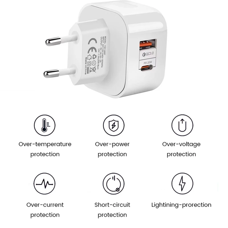 Quick Charger QC3.0 Type C Charger PD 20W USB-C Fast Charging Travel Wall Charger Power Adapter For iPhone 13 12Pro Max