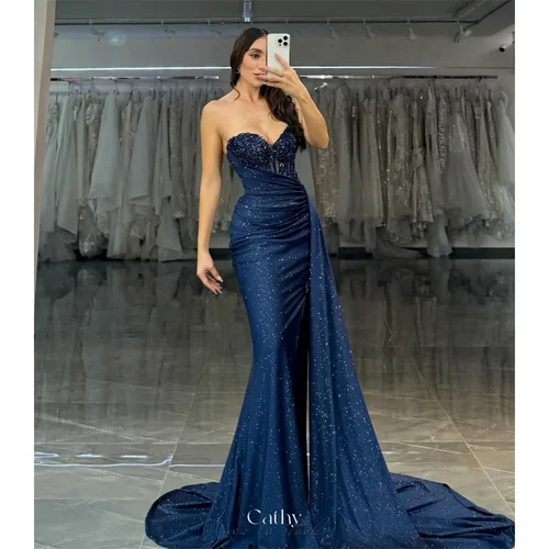 Cathy personalizado azul escote corazón brillo vestido de graduación sirena sin mangas vestidos de noiva drapeado hasta el suelo noche Formal