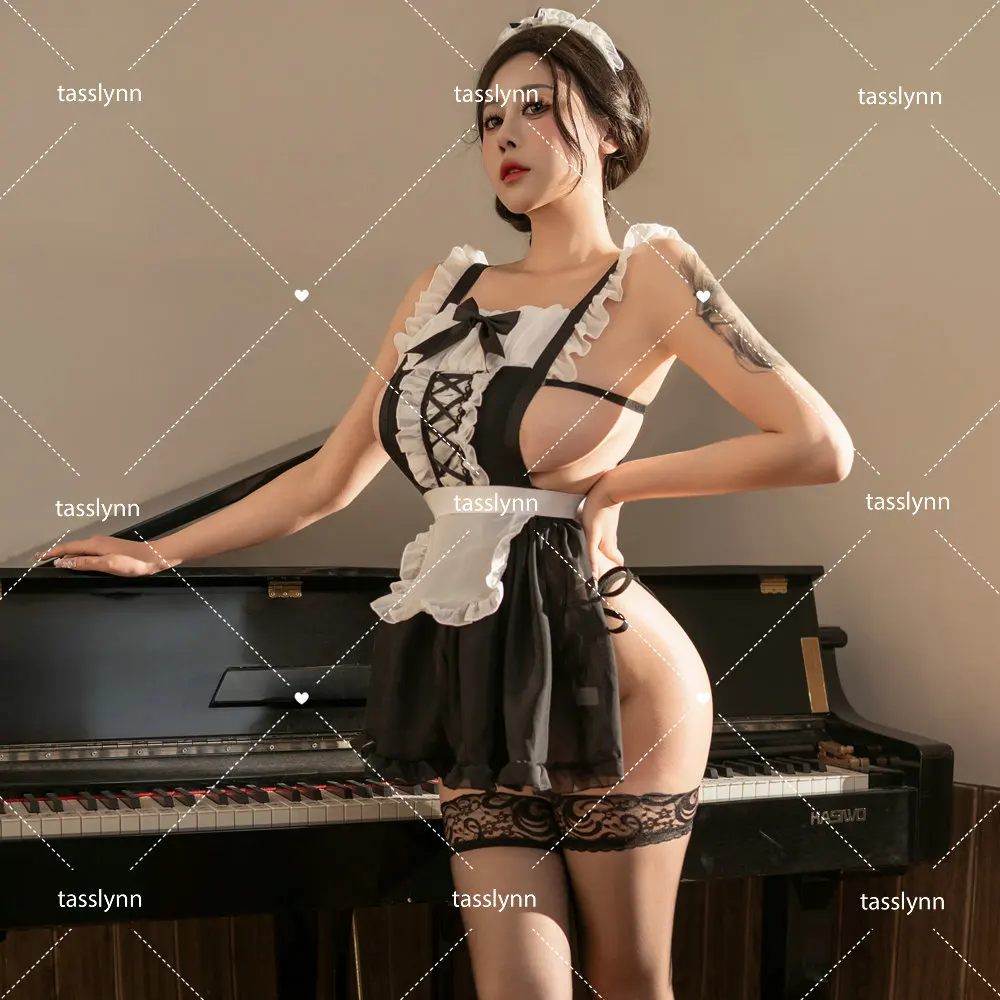 

Woman Dark Style High-Slit Maid Dress Set Lingeries Costume Outfit with Headdress Stockings Black White Maid Cosplay Costumes