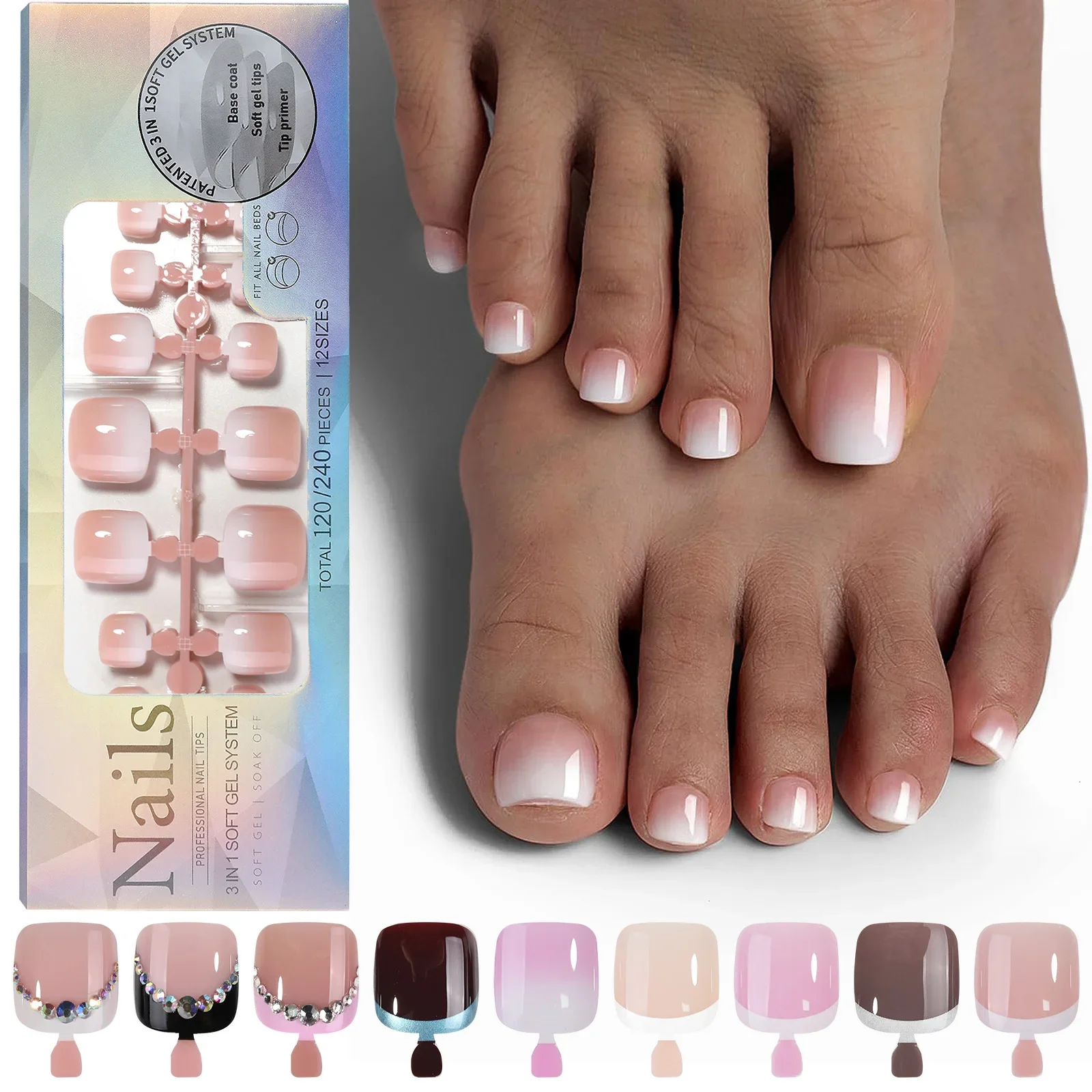 120Pcs Fake Toenails Nude Pink Short Square French Line False Toe Nails Detachable Press on Toenails Acrylic Soft ToeNails Tips