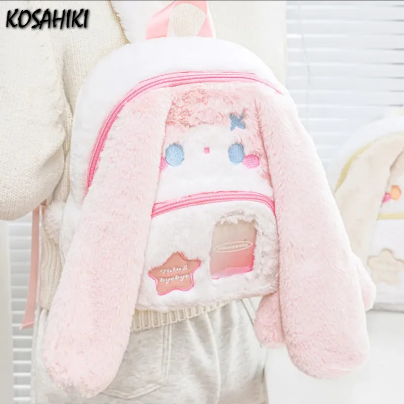 Contrast Color Cartoon Fluffy Rabbit Backpack Kawaii Ins Cute Sweet Y2k Schoolbags Fashion Jk Women All Match Iita Bags Japanese