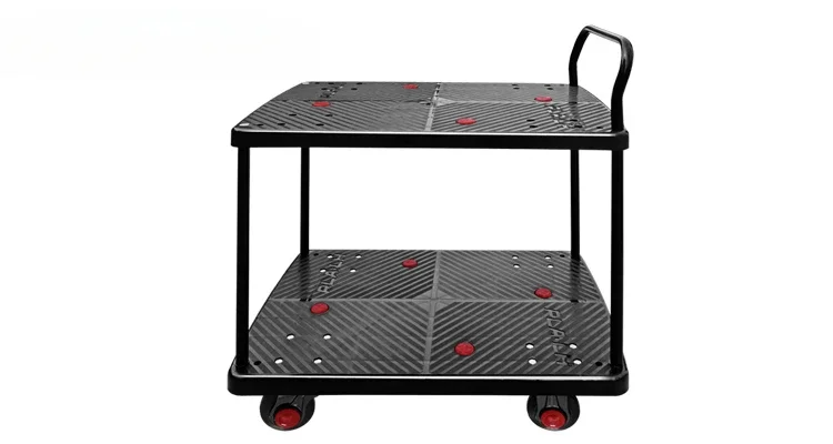 Uni-Silent 150 kg Rubber Wheels Trolley 2 Shelf Go Cart Plastic Platform Trolley with Single Handle for PLA150-T2-BK