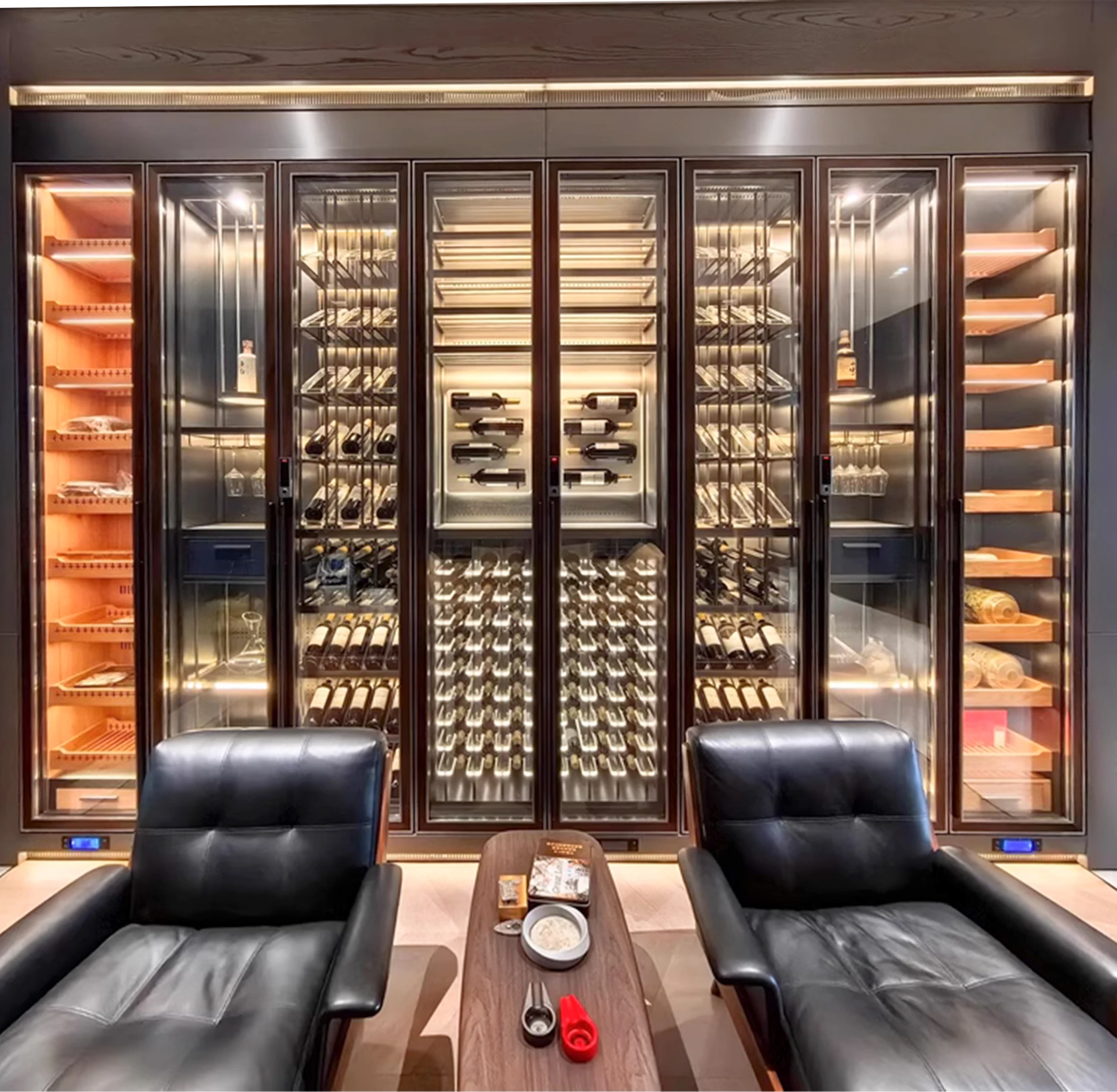 Meubles de Bar personnalisés industriels, armoire à vin intégrée, lumière LED, présentoir de bouteilles de vin mural, armoire de refroidissement