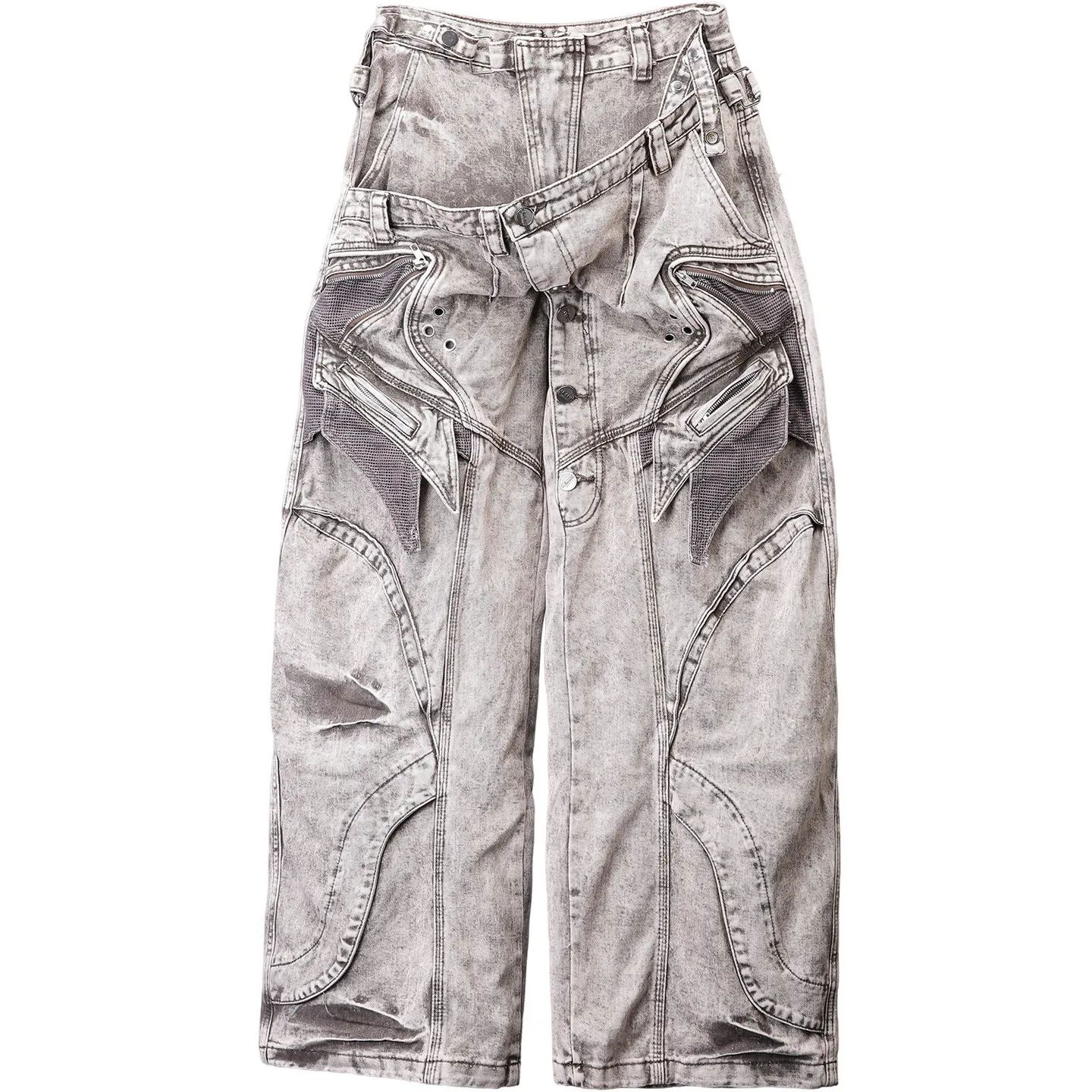 Wasteland Style Double Waist Designer Asian Culture Heavy Deconstruction Tooling Worn Jeans Men's Loose Wide Leg Matchet Pants