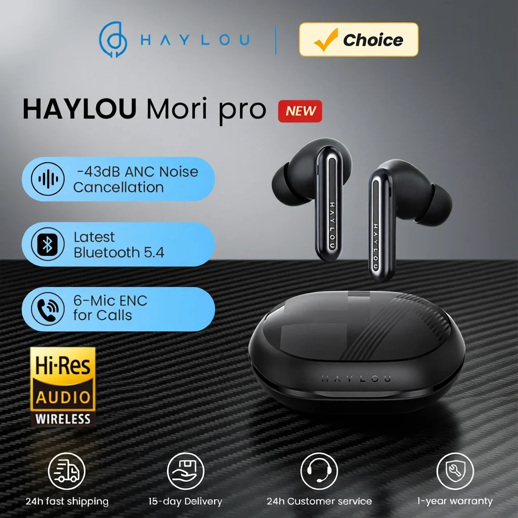 HAYLOU Mori Pro Bluetooth 5.4 Earphones Wireless  43dB Adaptive Hybrid ANC Hi-Res LDAC Earbuds 6 Mic Headphones 28H Battery Life