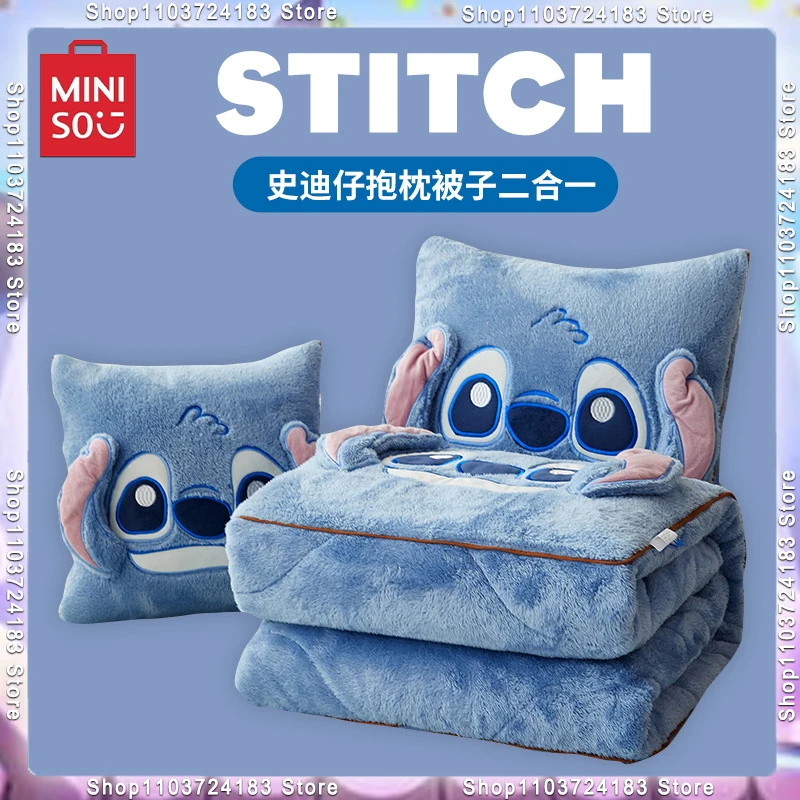 MINISO Disney Stitch Throw Pillow Blankets Two In One Kawaii Flannel Pillow Thickened Nap Blanket Living Room Child Bedroom