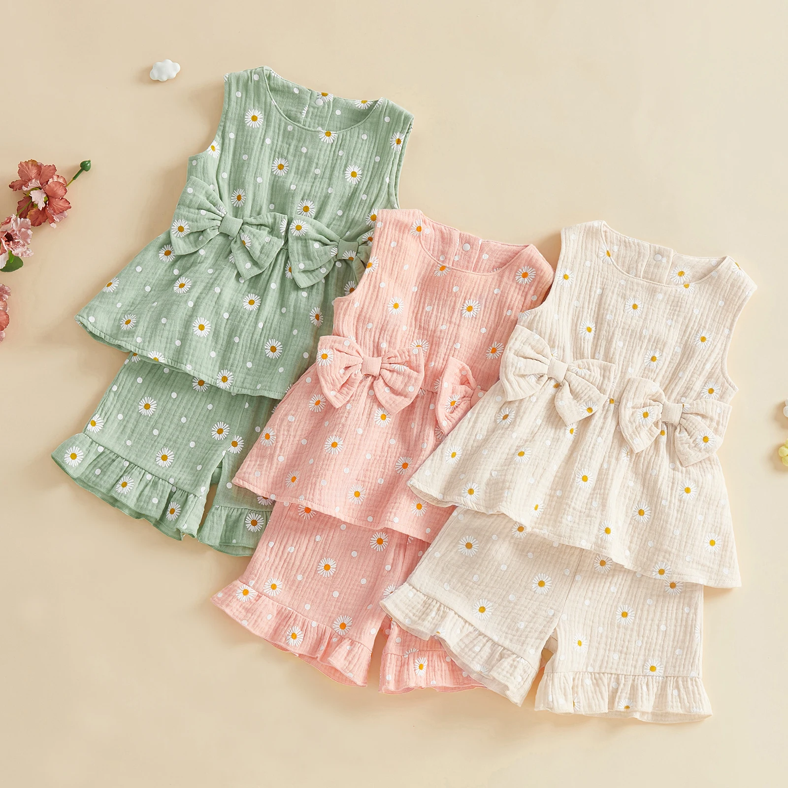 0-4Y Toddler Girl Summer Outfits Daisy Dot Print Two Bowknot Sleeveless Tank Tops Elastic Waist Shorts 2Pcs Clothes Set