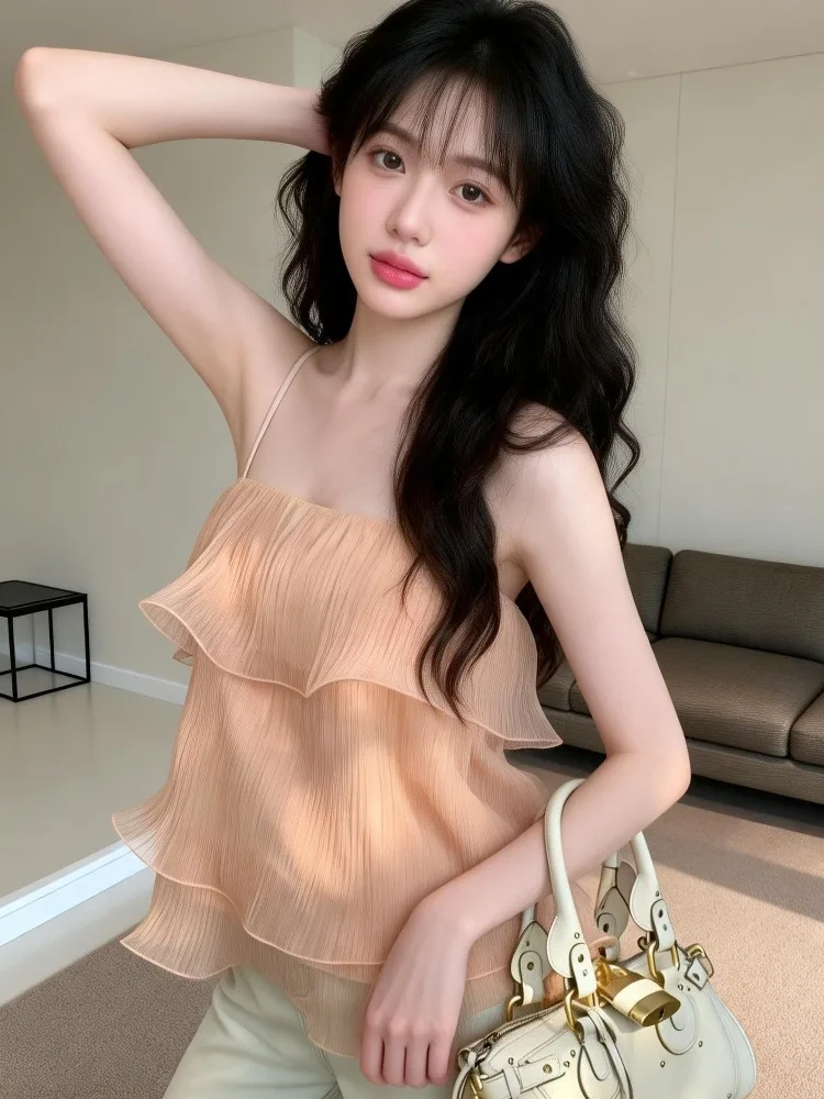 

Sweet Pure Style Women's Short Crop Top Comfortable Skin-friendly Lace Trim Halter Vest Summer New Fashion Breathable Casual