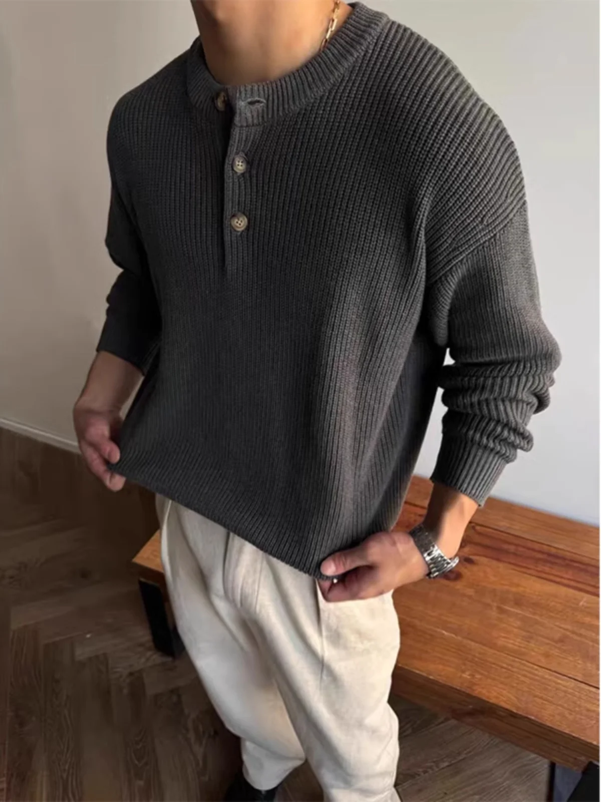 

Cleanfit американский вязаный свитер в стиле ретро, мужской осенне-зимний ленивый базовый слой, свободный крой с воротником Генри, повседневная одежда