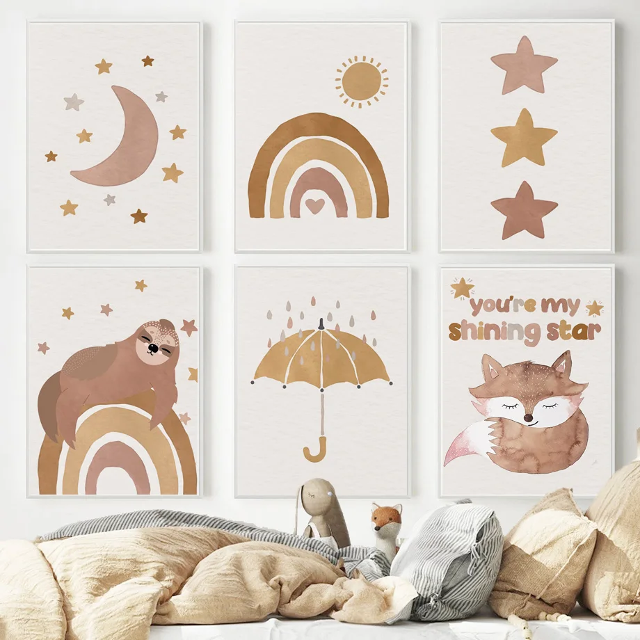 Wall Art Print Canvas Poster Boho Animal Watercolor Rainbow Moon Star Sloth Fox Nursery Kids Bedroom Newborn Gift Home Decor