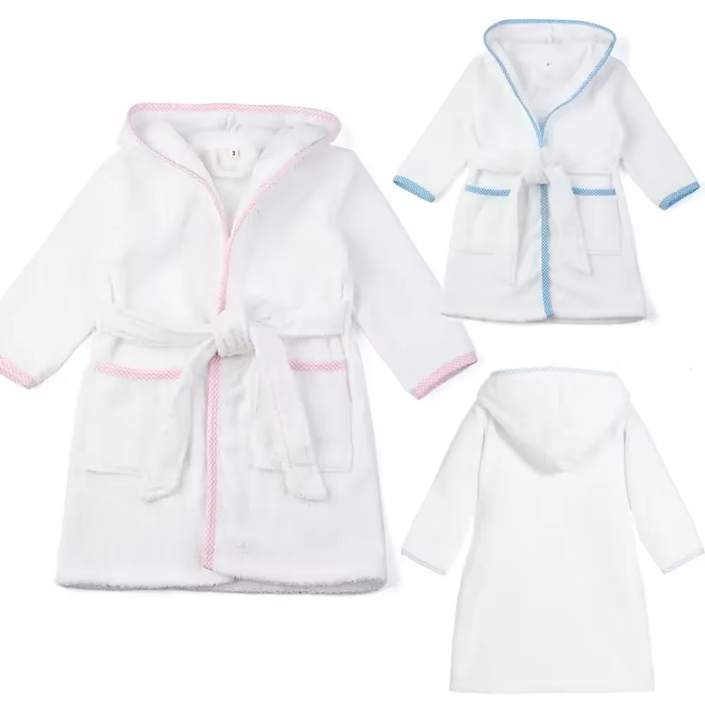 Musbala Kids Cotton Terry Bathrobes With Belt Unisex Long Sleeve Hooded Trim Spa Robes