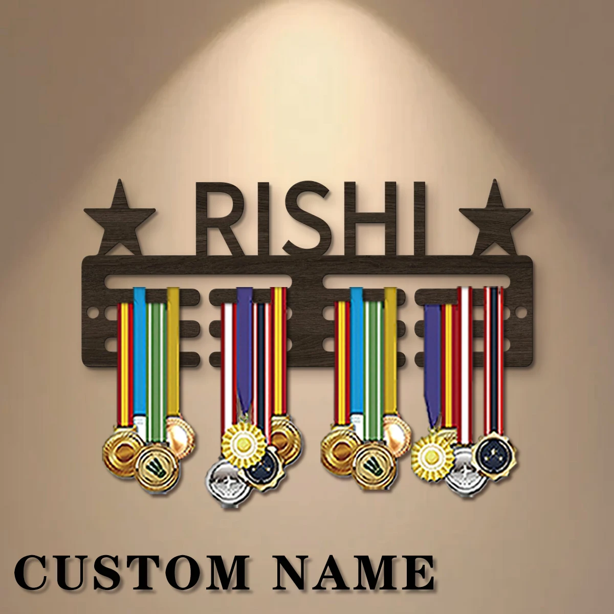 1pc Custom Modern Style Star Decor Frame Wooden Sports Medal Holder, Wall Mounted Display Stand for Sports Lovers Gift view 2