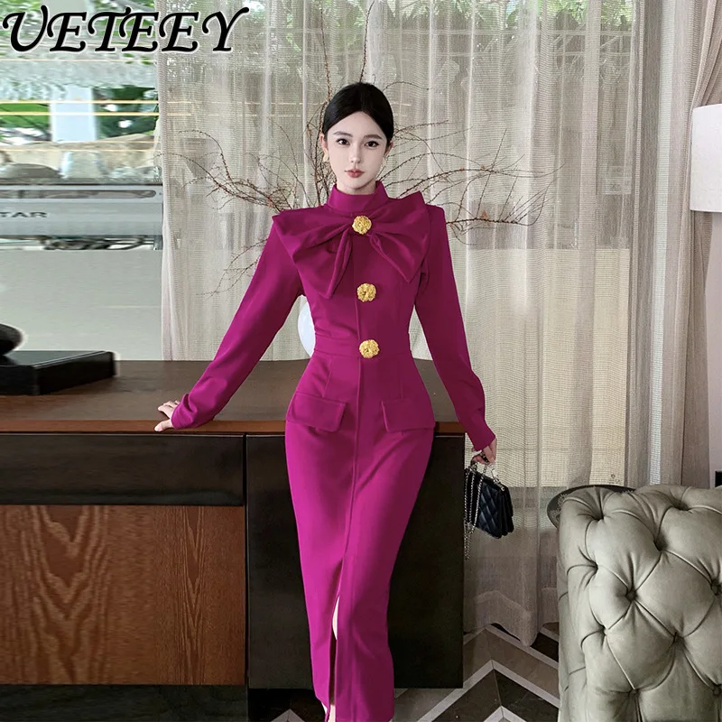 Korean Chic Autumn Temperament High-end Light Luxury Bow Long-sleeved Slim-fitting Split-ended Half-high Neck Bottoming Dress