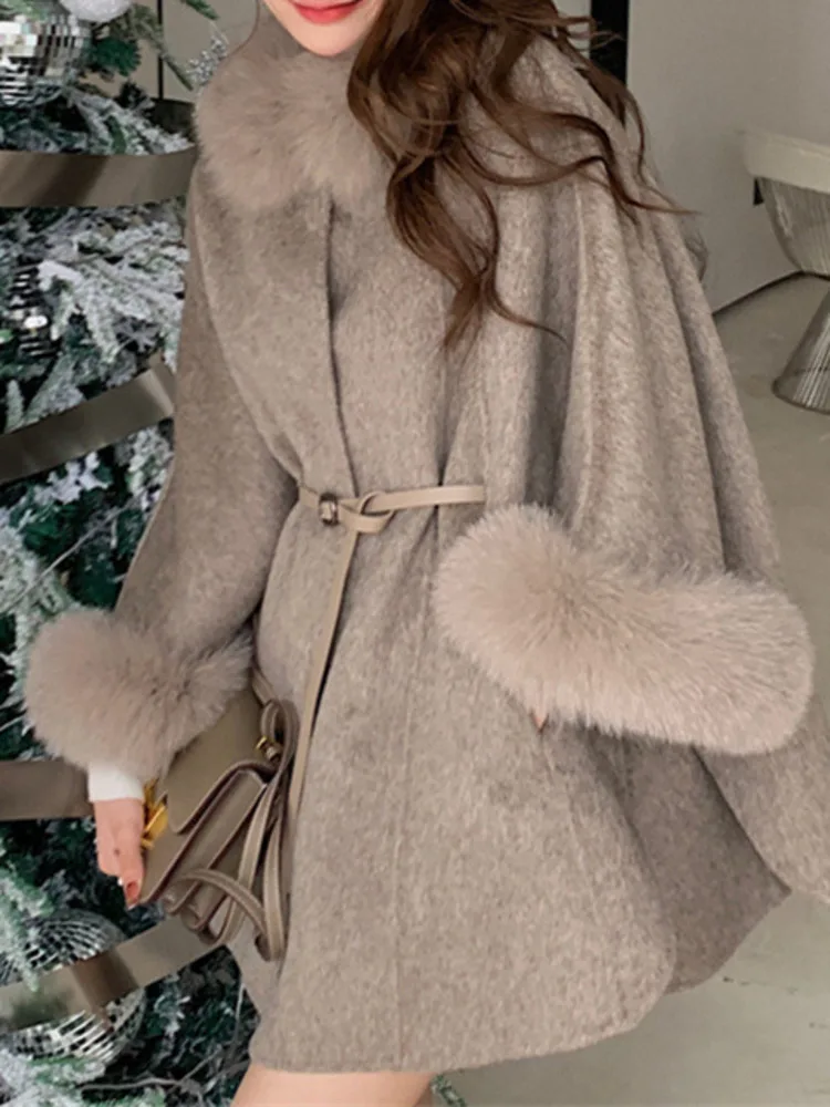 LANMREM High End Double Sided Cashmere Coat Women\'s Fox Collar Cloak Shawl Woolen Fashion Warm Coats 2024 Winter New 2DA8104