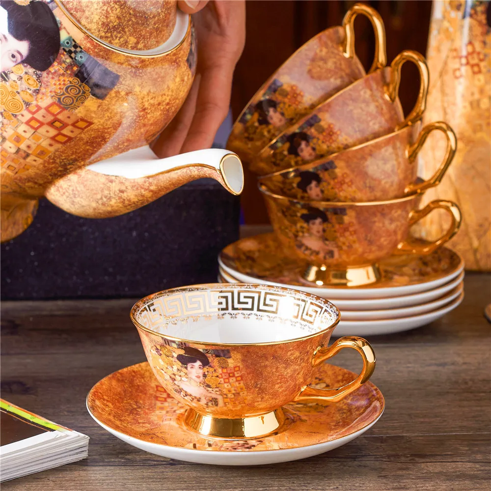 الفاخرة الخزف فنجان شاي طقم أطلس كليمت أديلا طقم أدوات القهوة العظام الصين إبريق قهوة مقشدة وعاء السكر إبريق الحليب كعكة حامل الرف #2