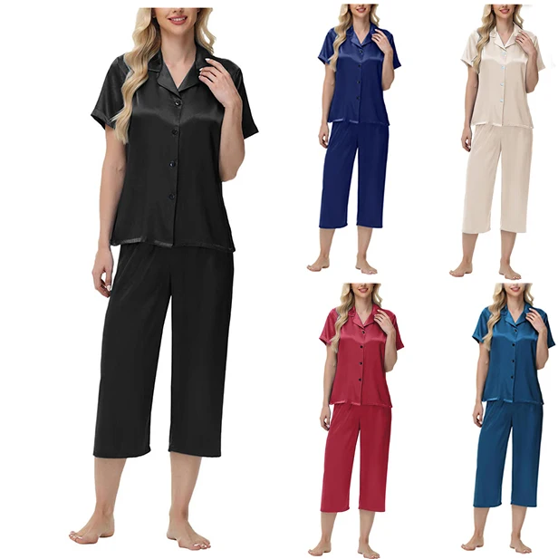 

Female Silk Satin Pajama Sleepwear Pure Coloe Short Sleeve Top and Pants Pajama Sets Plus Size Comfy Home Suit