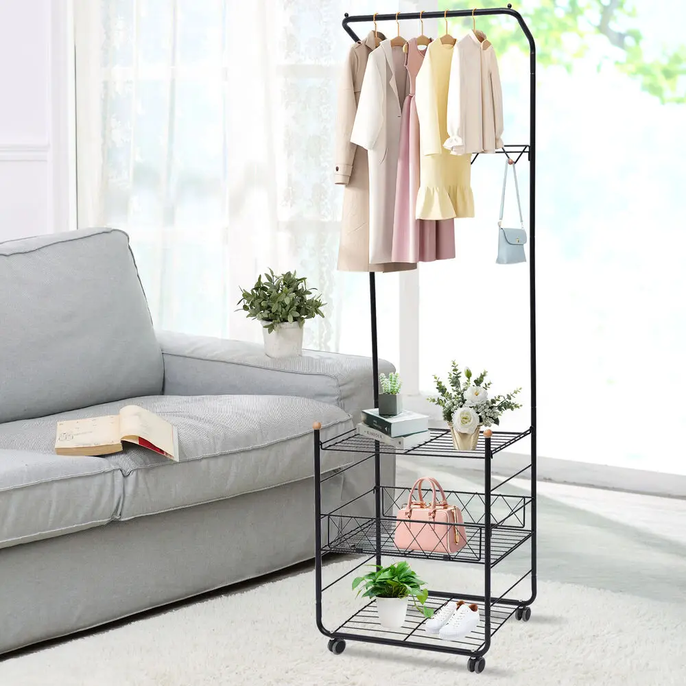 3-Tier Vestuário Rack com cesta de metal, 3-em-1 roupas de rolamento Rack, 7 ganchos