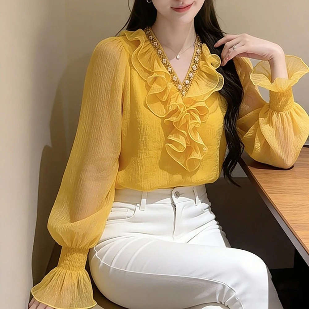 Yellow ruffle edge long-sleeved shirt women's 2026 new important occasion beautiful French light luxury temperament top spring - view 6
