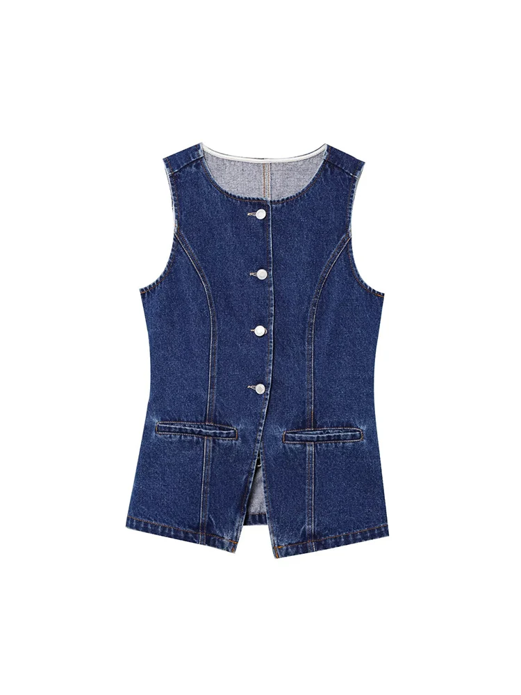 

Women 2025 Spring New Fashion denim patchwork Vest Vintage Sleeveless O Neck Button-up Female Waistcoat Chic Tops