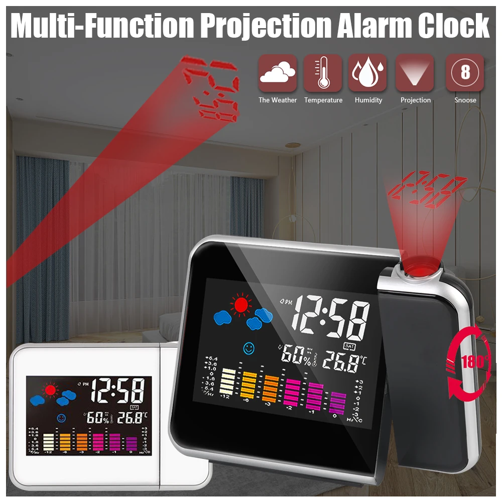 LED Temperature Humidity Weather Forecast Snooze Digital Alarm Clock Rotatable Table Clock With Time Projection Weather Station