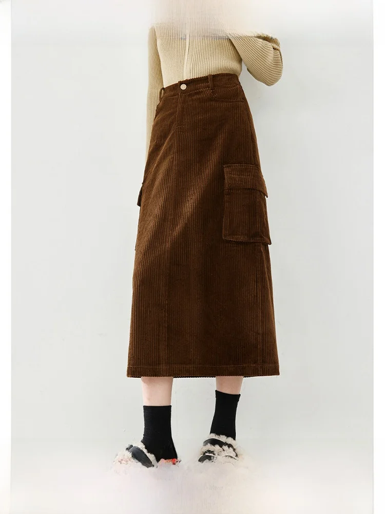 

American Retro Corduroy Midi Skirt Women's Autumn Winter New Sle Workwear Wind A-Line Skirt Commute Simple Design Cotton 00%