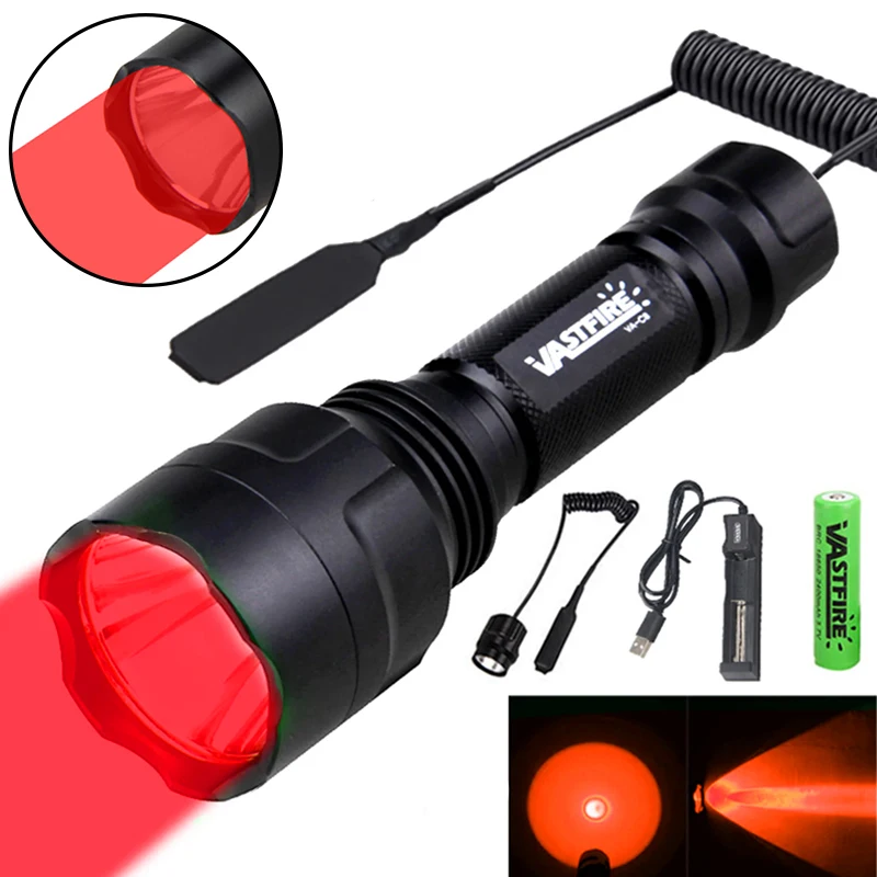 C8 Red Flashlight Hunting Green/Red/White Torch Tactical 1-Mode Powerful Predator Handheld Torch+Clip+Switch+18650+Charger Set