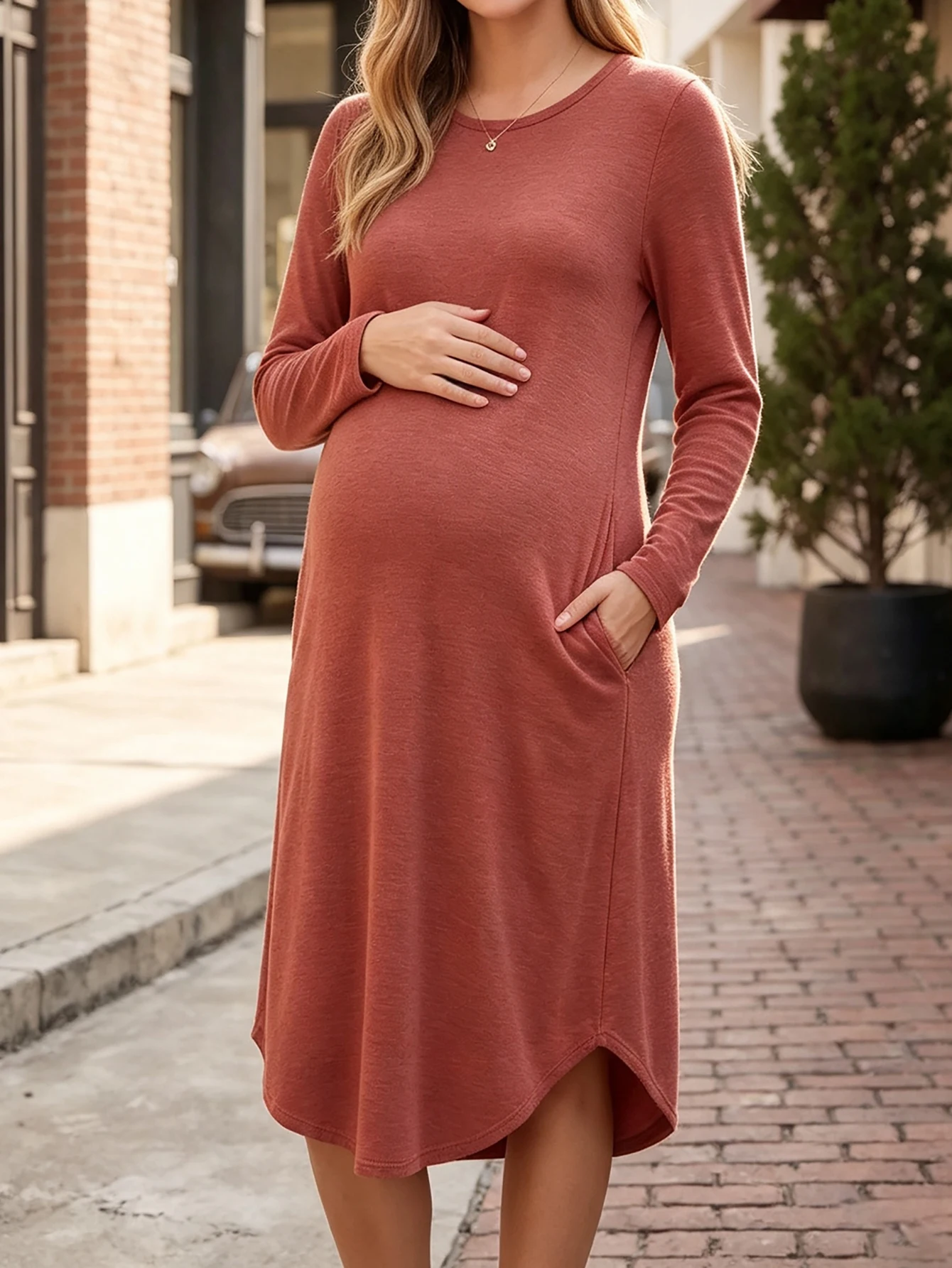Maternity Sweater Long Sleeve Dress with Pockets Autumn Winter Casual Comfortable Versatile Long Dress Burgundy Maternity Clothing