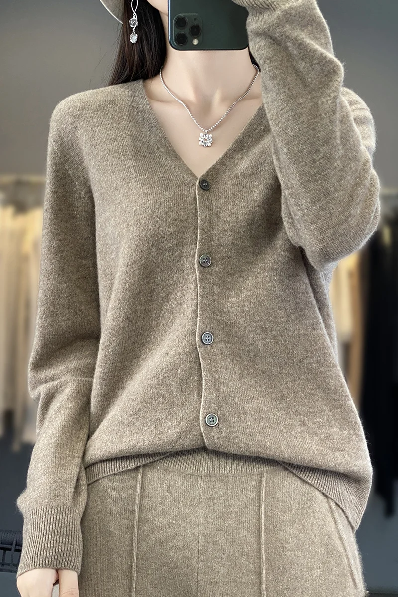 Basic V-Neck 100% Merino Wool Sweater Women Knitted Cashmere Cardigan Spring Autumn Female Knitwear Clothing Tops