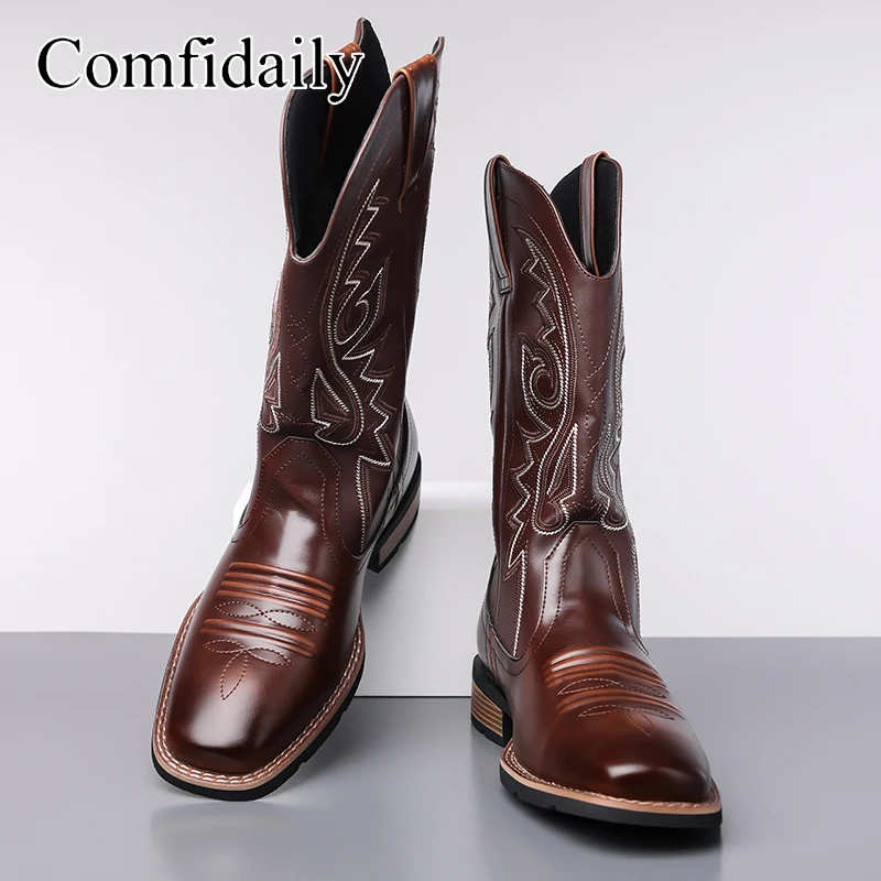 عالية الجودة الأوروبية الأمريكية الرجعية الخريف الشتاء أحذية رعاة البقر الغربية الخامس الرقبة التطريز كعب سميك أحذية فارس المألوف #3