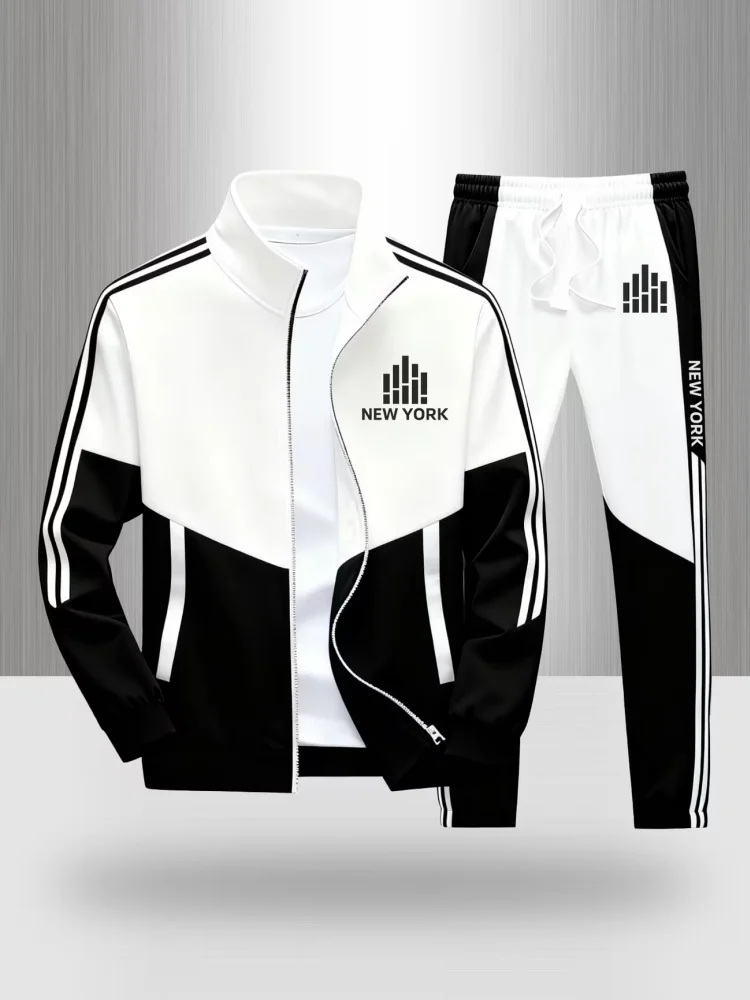 

Men's New York Print 2 Piece Tracksuit Set Color Block Zip Up Jacket and Jogger Pants Casual Sportswear Striped Athletic Outfit