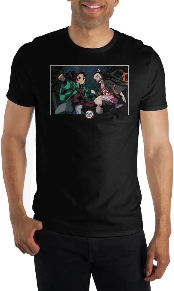 Demon Slayer Nezuko & Tanjiro Screenshot Crew Neck Short Sleeve Black T-Shirt